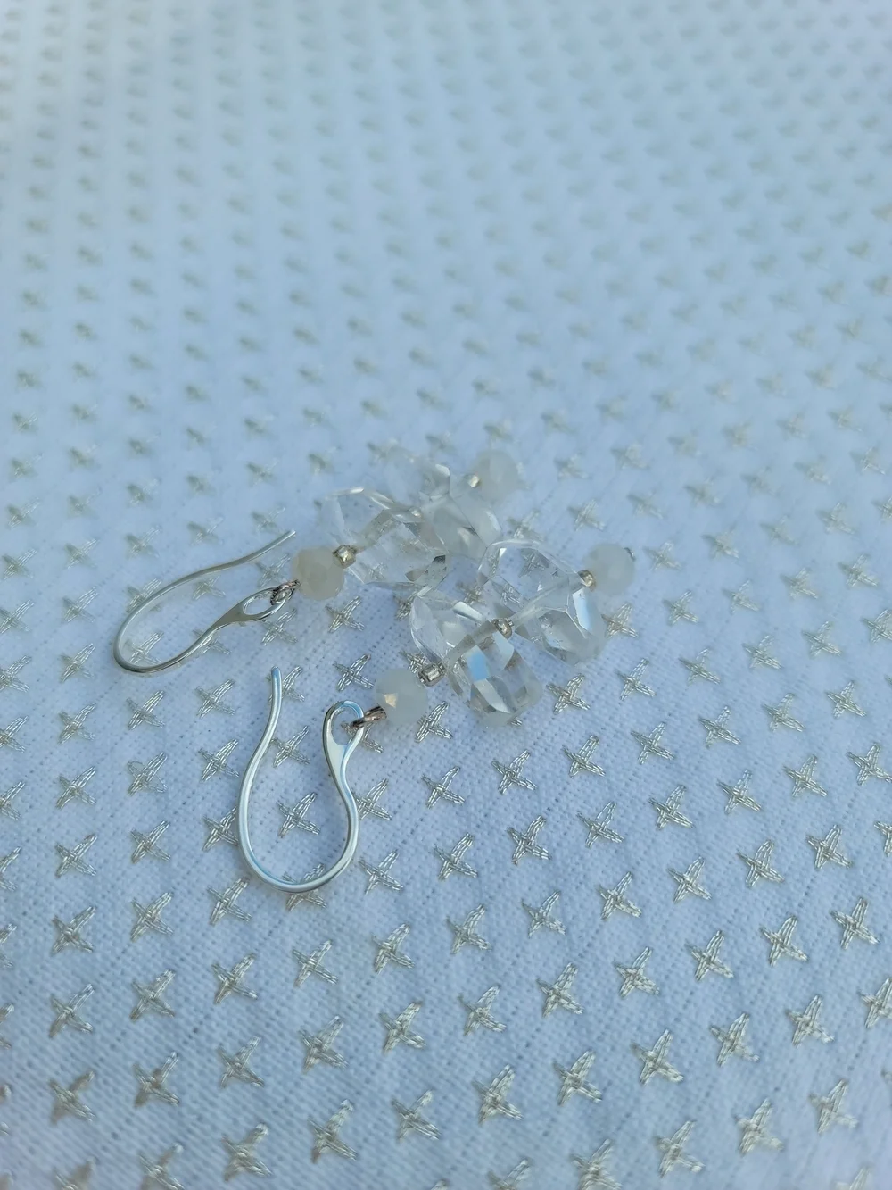 Handmade Clear Crystal & White Faceted Bead Dangle Earrings Silver Hooks Bridal